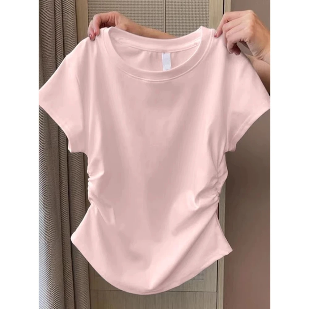 粉色正肩t恤女掐腰显瘦短袖2025新款夏季修身半袖收腰短上衣甜辣