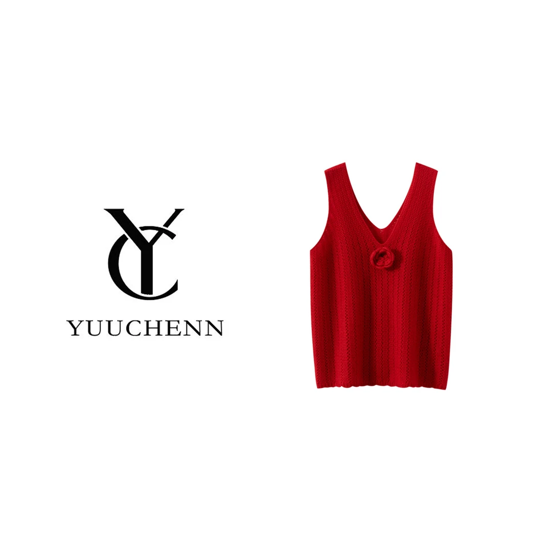 YUUCHENN羊绒手工钩花镂空吊带背心5094