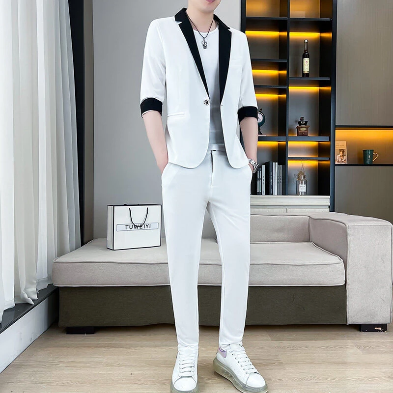 西服套装男士韩版修身2025夏季新款七分短袖西装休闲百搭高档套装