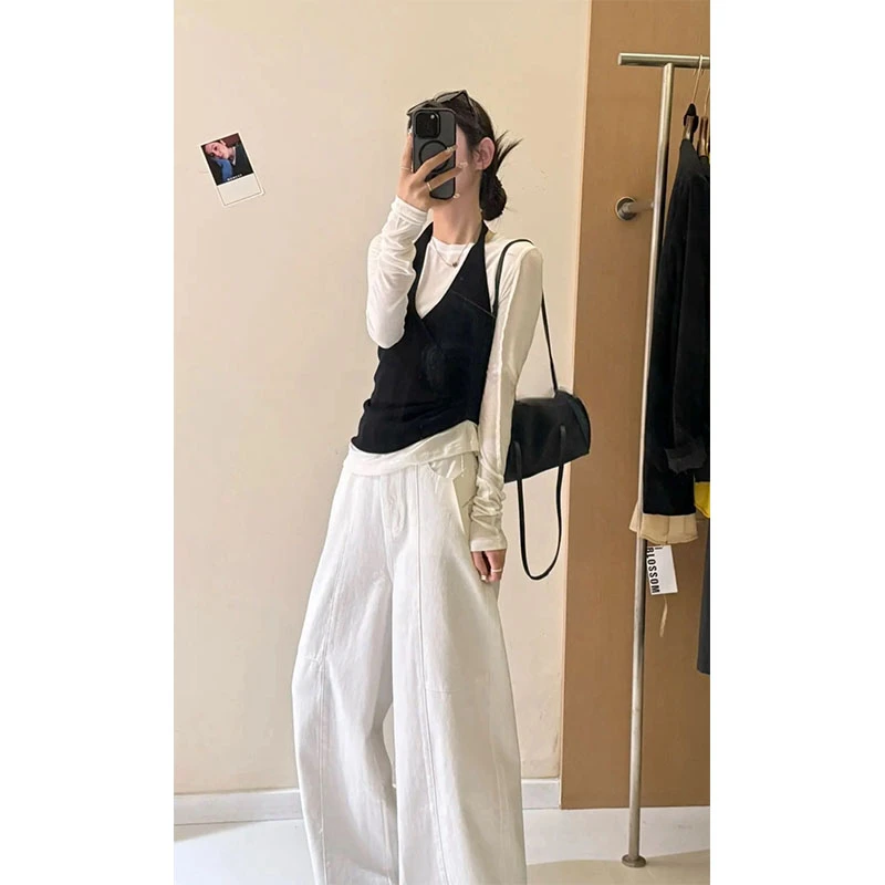 时尚简约圆领长袖上衣挂脖背心女2025春季新款高腰直筒休闲裤两套