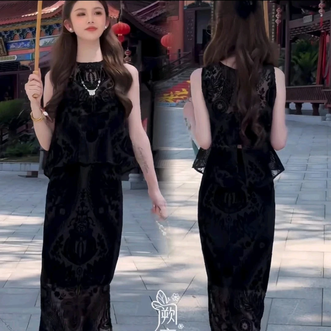 8818蕾丝套装裙洋气提花马甲上衣夏日爆款气质小衫半身裙两件套