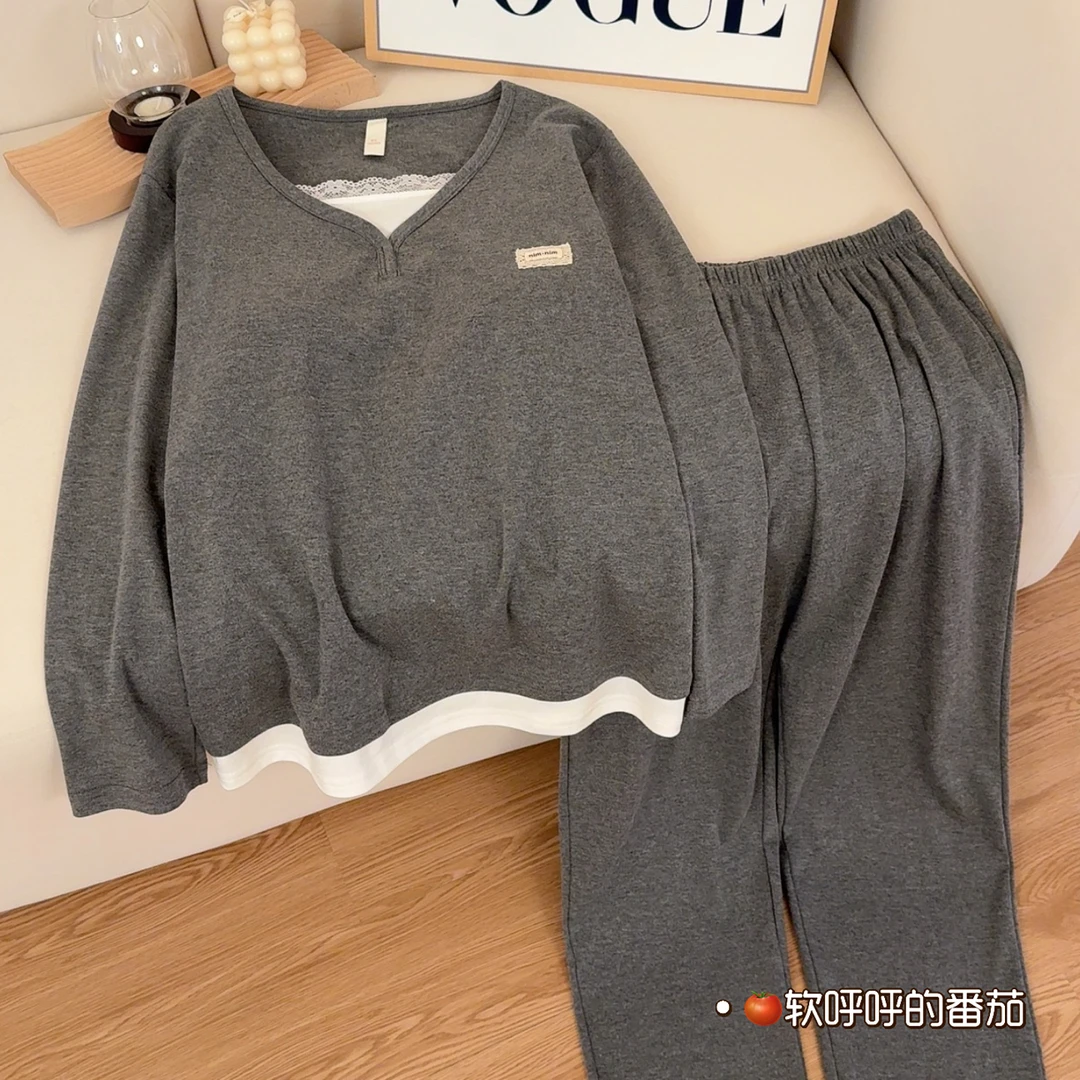 格雷miu系｜睡衣女春秋针织棉套头长袖可外穿假两件带胸垫家居服