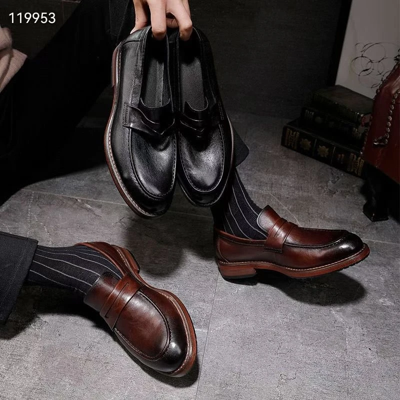 （私人定制）固特异手工牛皮鞋底英伦复古手工一脚蹬鞋潮底乐福鞋男