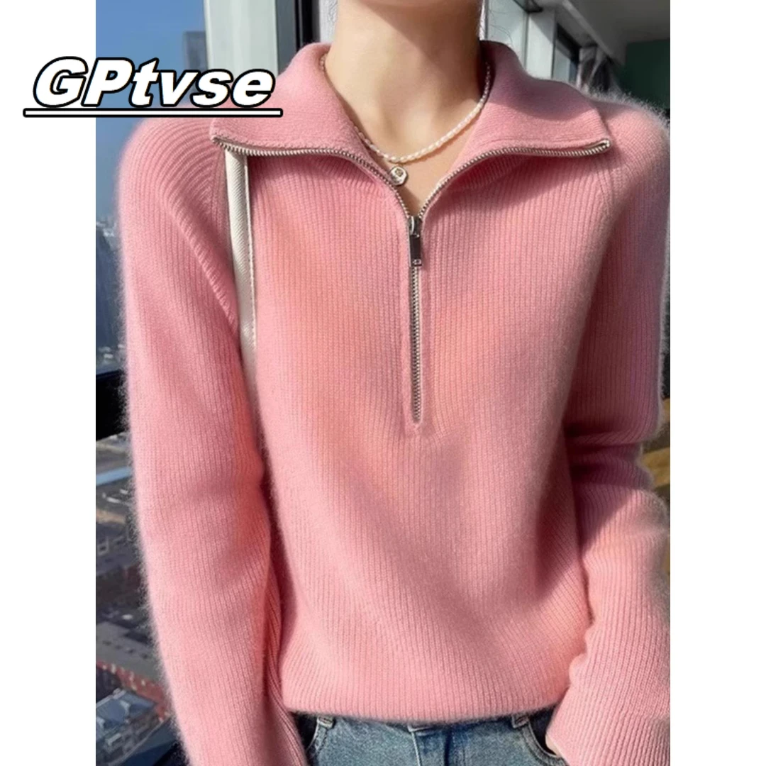 GPTVSE半拉链高领毛衣打底衫女内搭加厚秋冬季翻领粉色针织上衣潮