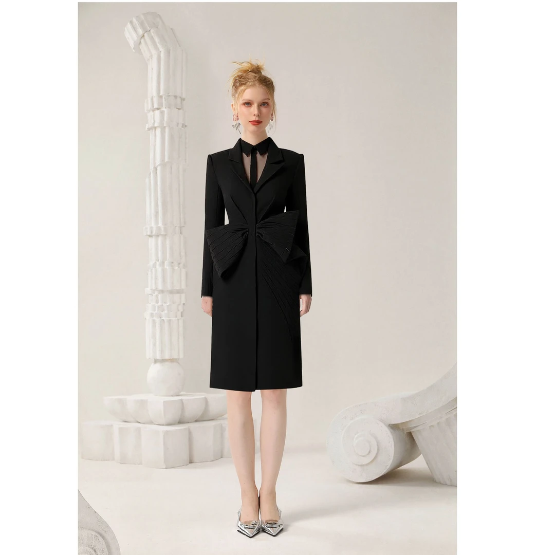 茬客秋冬季拼接A字裙收腰修身西装连衣裙V领连衣裙不褪色女士