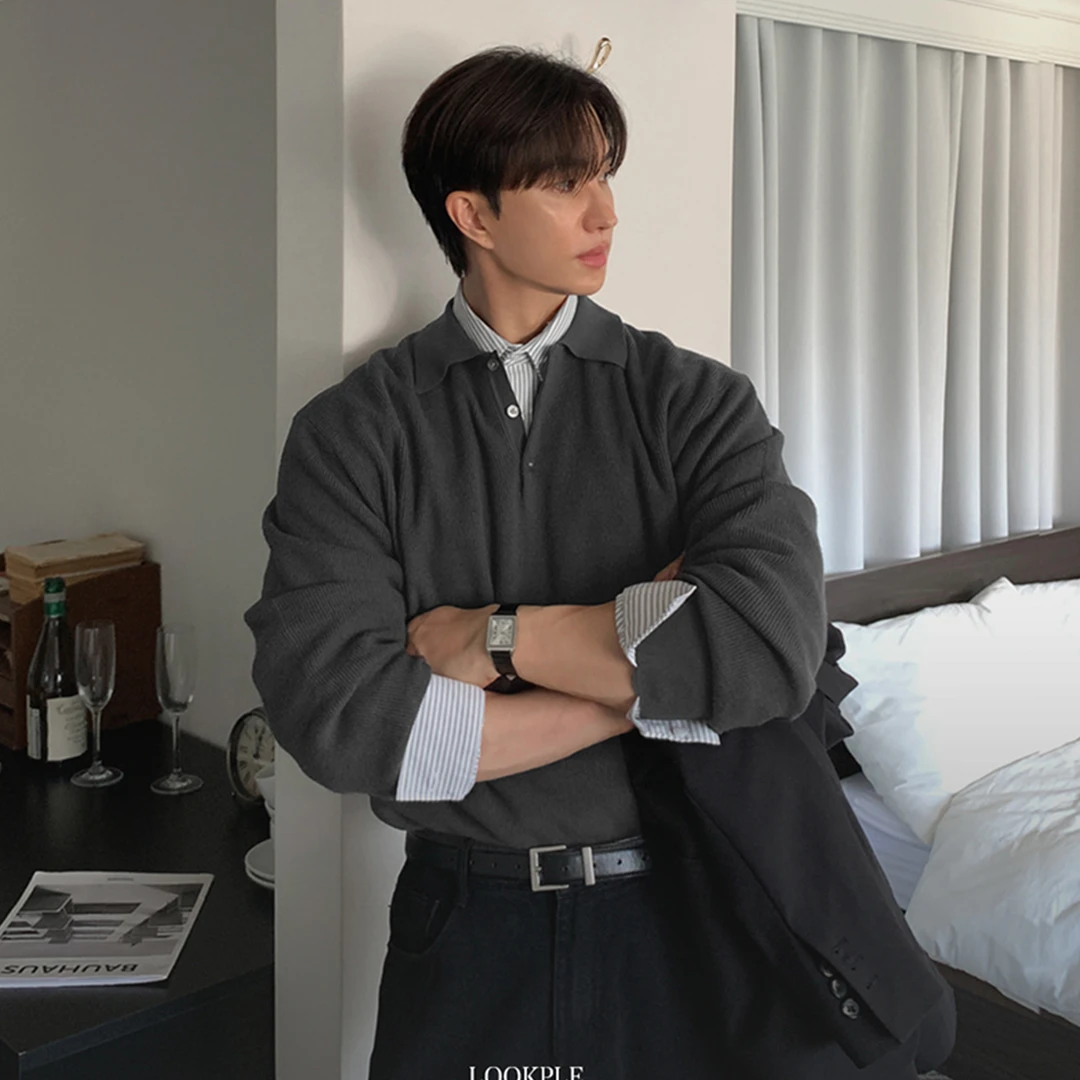 LOOKPLEMING秋冬韩系针织衫POLO领毛衣潮流宽松百搭帅气套头男士