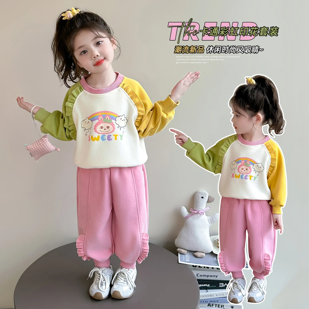女小童春秋款套装2025新款女宝宝拼色卫衣秋装儿童洋气时髦两件套