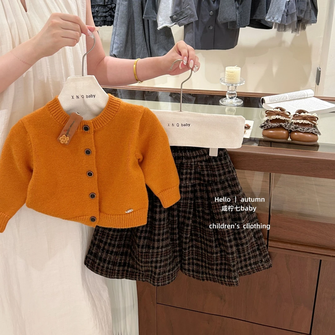 【咸柠七】巨显白！女童韩系秋季开衫毛衣外套格子阔腿裤洋气两件套