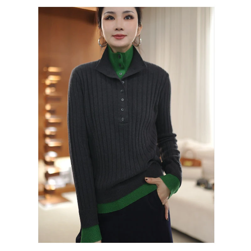 【红人上新】秋冬百搭新款时尚设计感半开领绵羊毛针织衫女Q24900