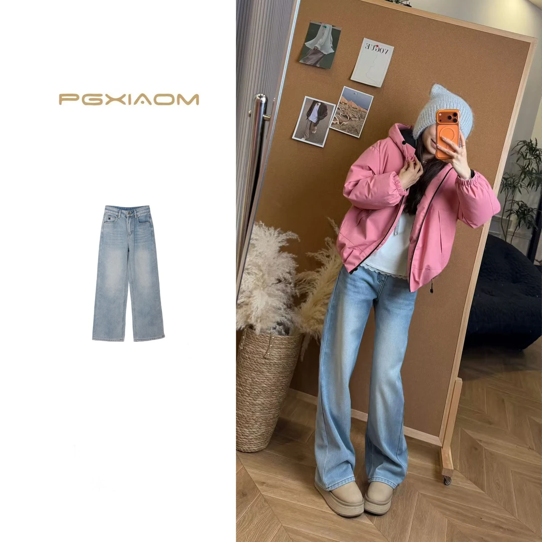 【PGXIAOM】润秀定制  浅蓝色加绒牛仔阔腿裤KZ10576