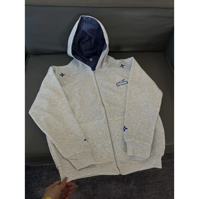 Z195 美式复古新款格子拼接开衫外套潮牌重磅情侣卫衣