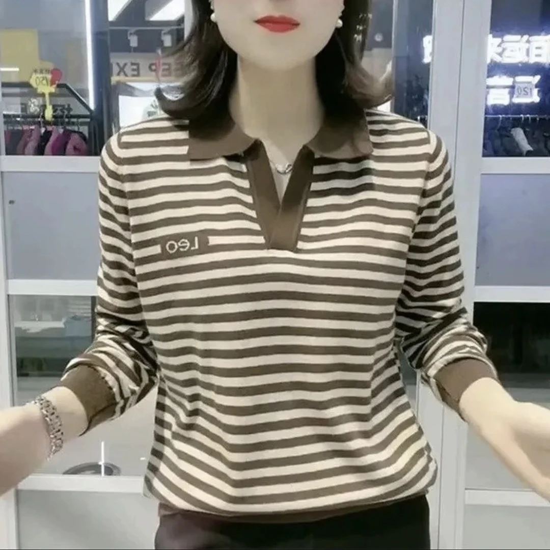 春秋款时尚妈妈新款大码女装翻领长袖上衣中年条纹显瘦休闲Polo衫