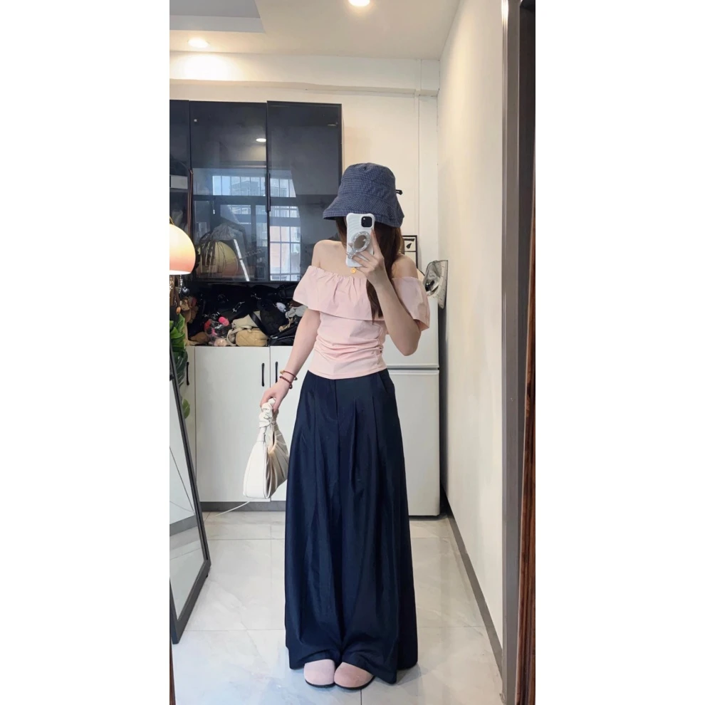 MARIE.COCO超好看粉色荷叶边一字肩上衣宽松直筒休闲拖地裤两件套