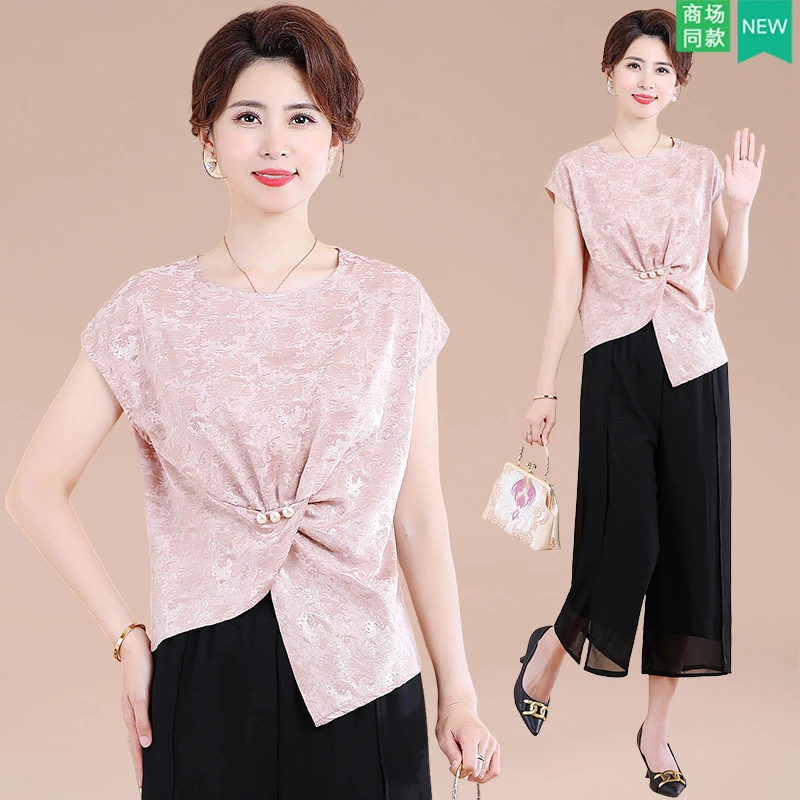年轻妈妈夏装套装高贵夫人短袖小衫中老年女洋气时尚两件套