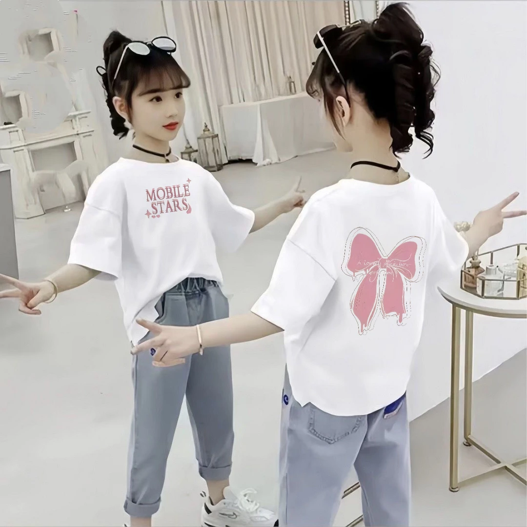 100%纯棉儿童短袖T恤女童装夏季新款大中童时髦网红潮款洋气上衣