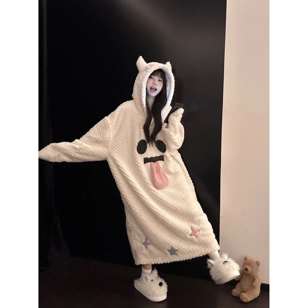 可爱趣味搞怪小幽灵卡通设计感半边绒睡衣女宽松舒适加绒加厚睡袍