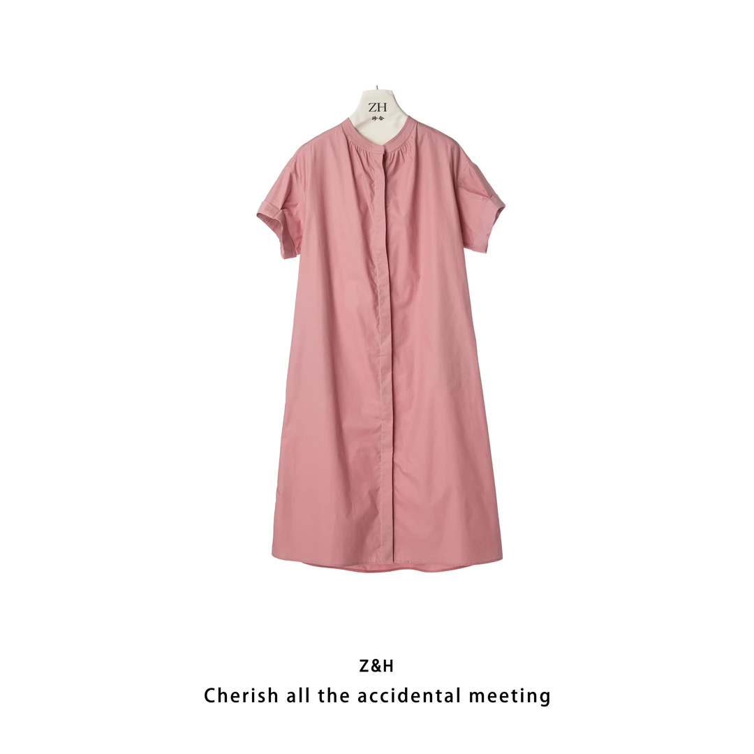 ZH【月影依依】纯色圆领简约款连衣裙女中长款