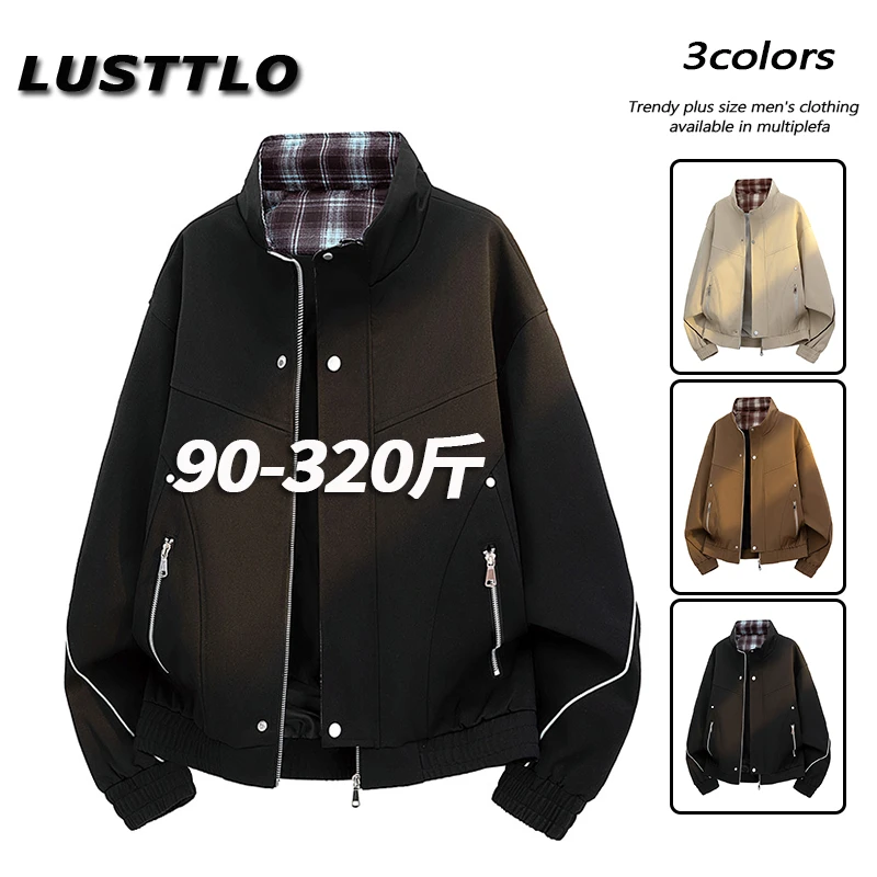 男士夹克大码立领时尚拼接格纹飞行服春秋季宽松休闲胖子上衣外套