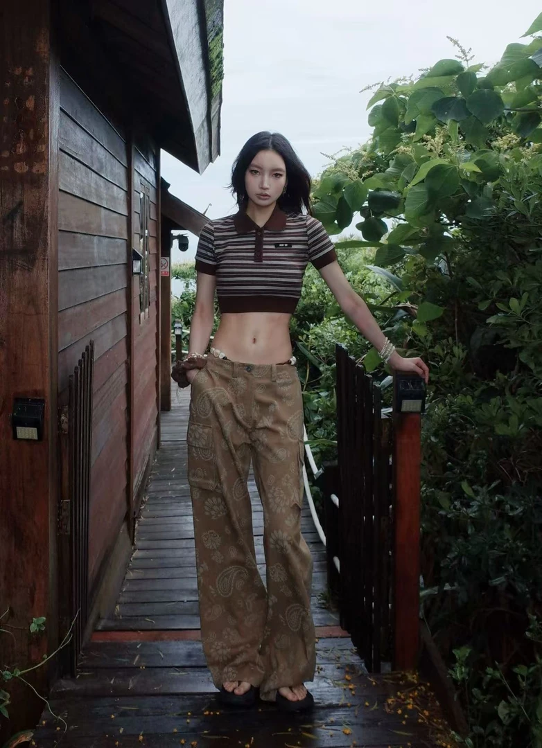 YM.AIM SH25ss新款棕色条纹短款针织短袖卡其色腰果花工装裤套装