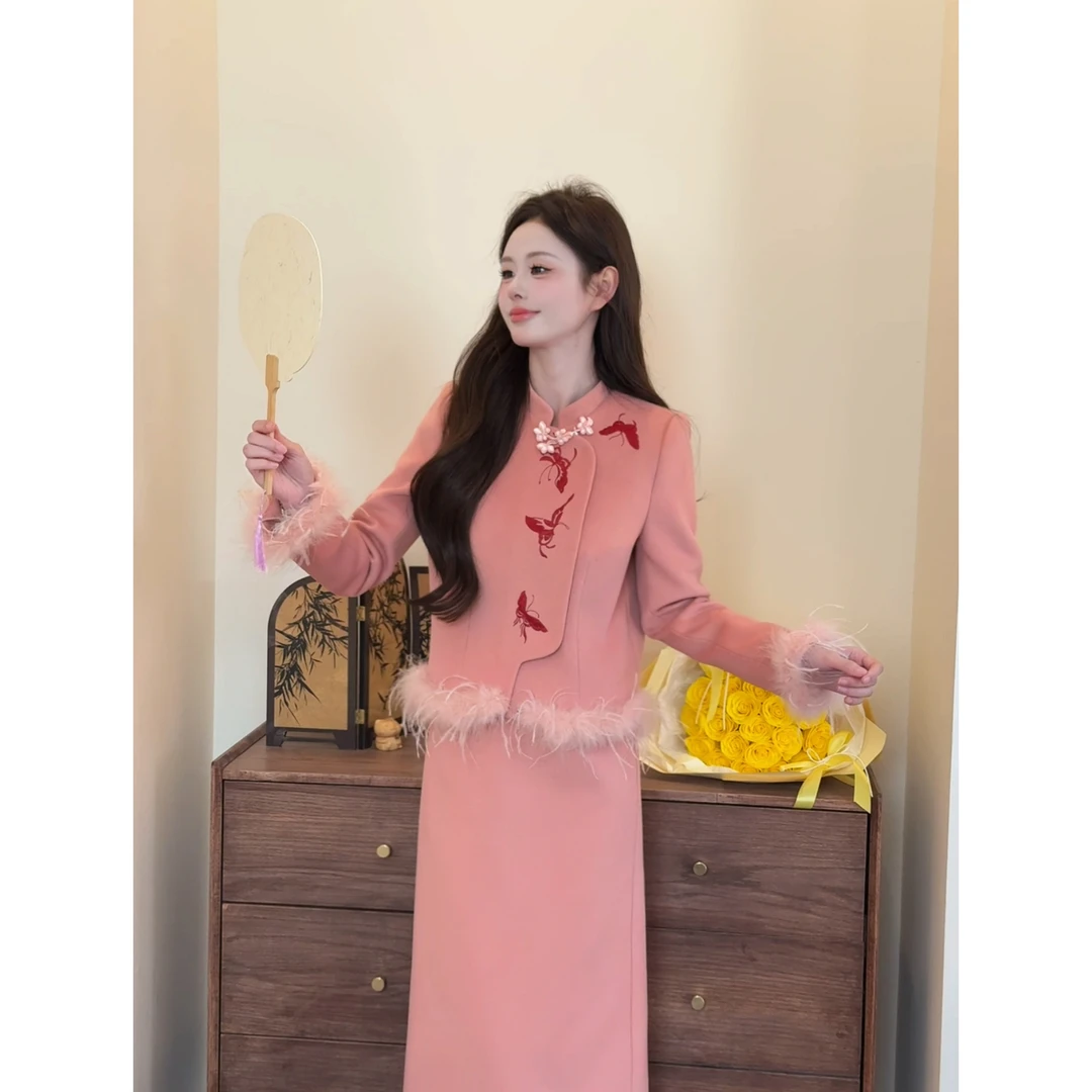 【庄周梦蝶】<77>新中式蝴蝶刺绣羽绒外套+半身裙套装XMZH10330