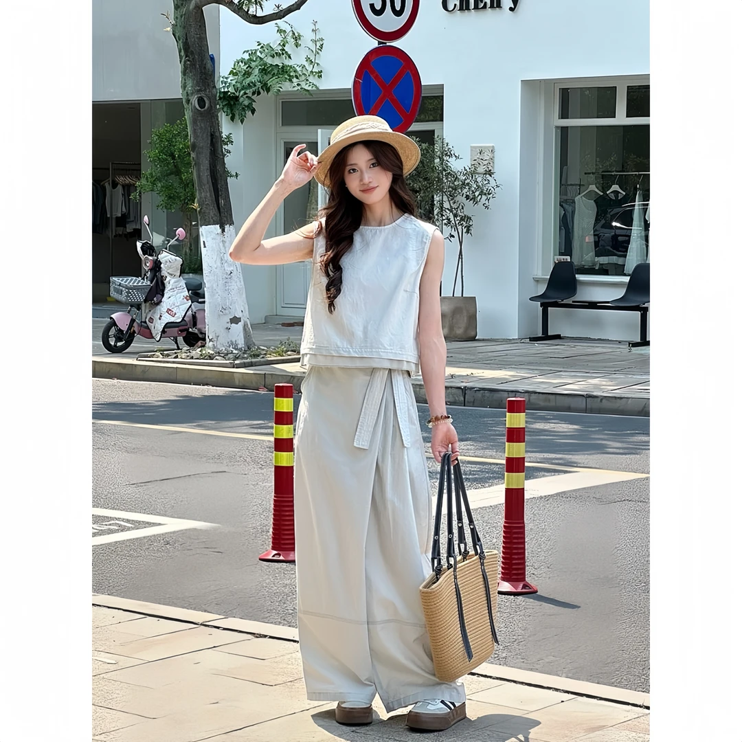【清冷】韩系米灰色背心＋工装阔腿裤两件套女2025夏新款设计感套装