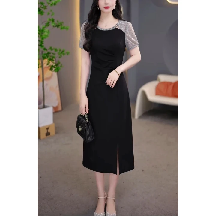 夏季新款气质收腰显瘦中长款休闲开衩裙子时尚高级感短袖连衣裙女