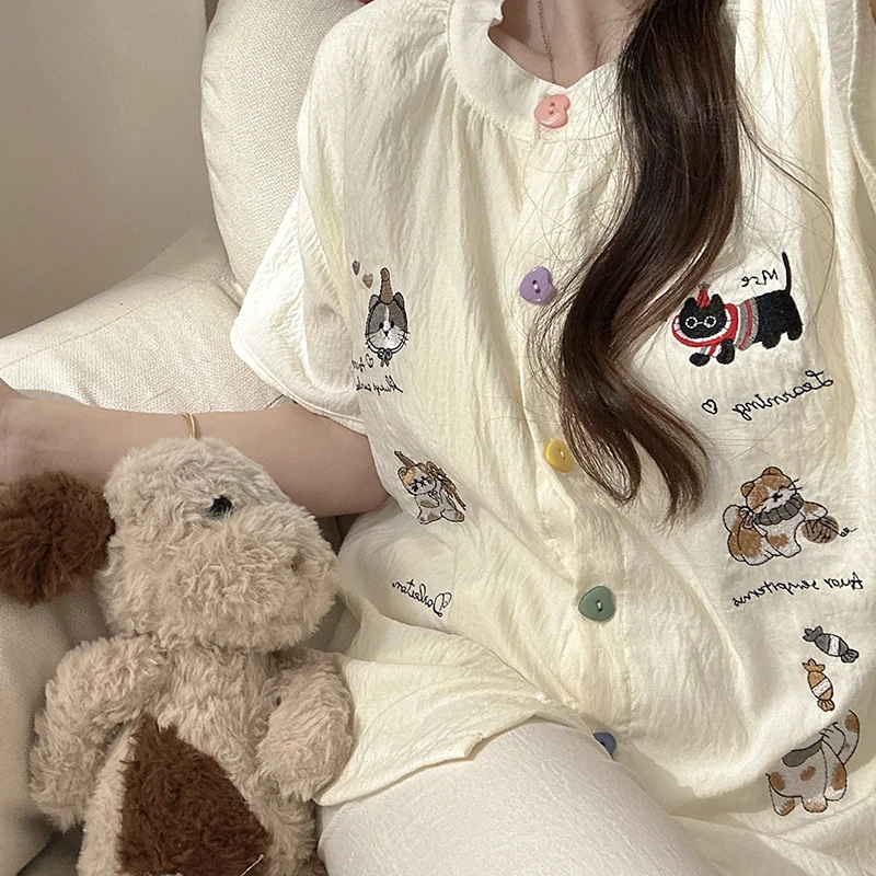 日系ins风卡通彩扣玩具喵睡衣女带胸垫夏季短袖泡泡棉家居服套装