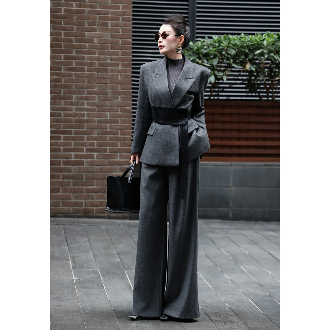 2025秋冬新款法式羊毛呢时尚大气PU拼接西装阔腿裤套装两件套女装