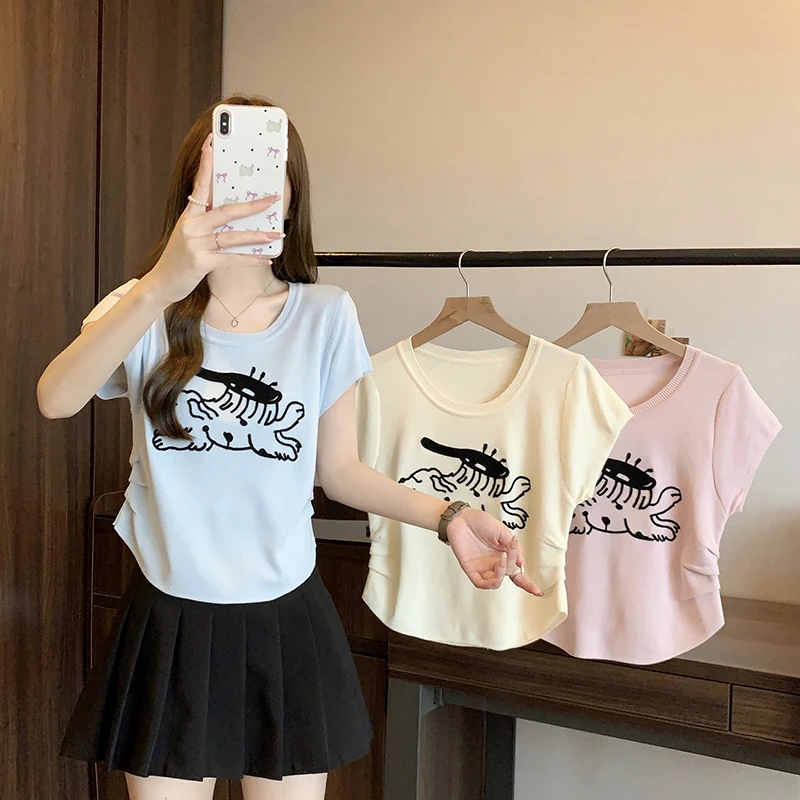 Q夏装新款胖mm大码女时尚简约冰丝刺绣小狗针织衫短袖上衣71529