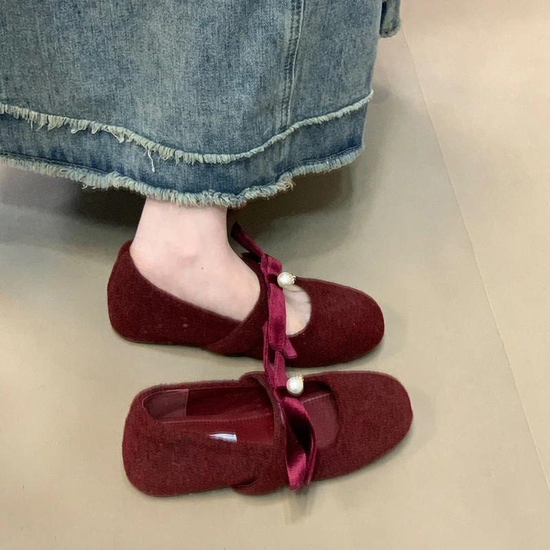 温柔毛呢圆头蝴蝶结珍珠内增高玛丽珍鞋配裙子单鞋子