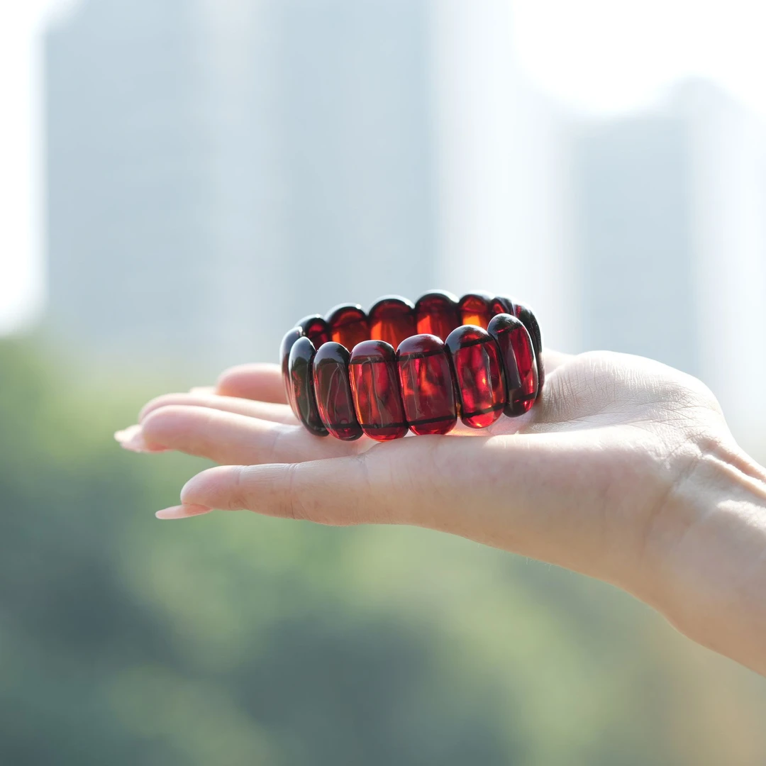 晨玺珠宝-血珀27+圆手牌手镯缅甸天然琥珀蜜蜡手串复古民族风女款