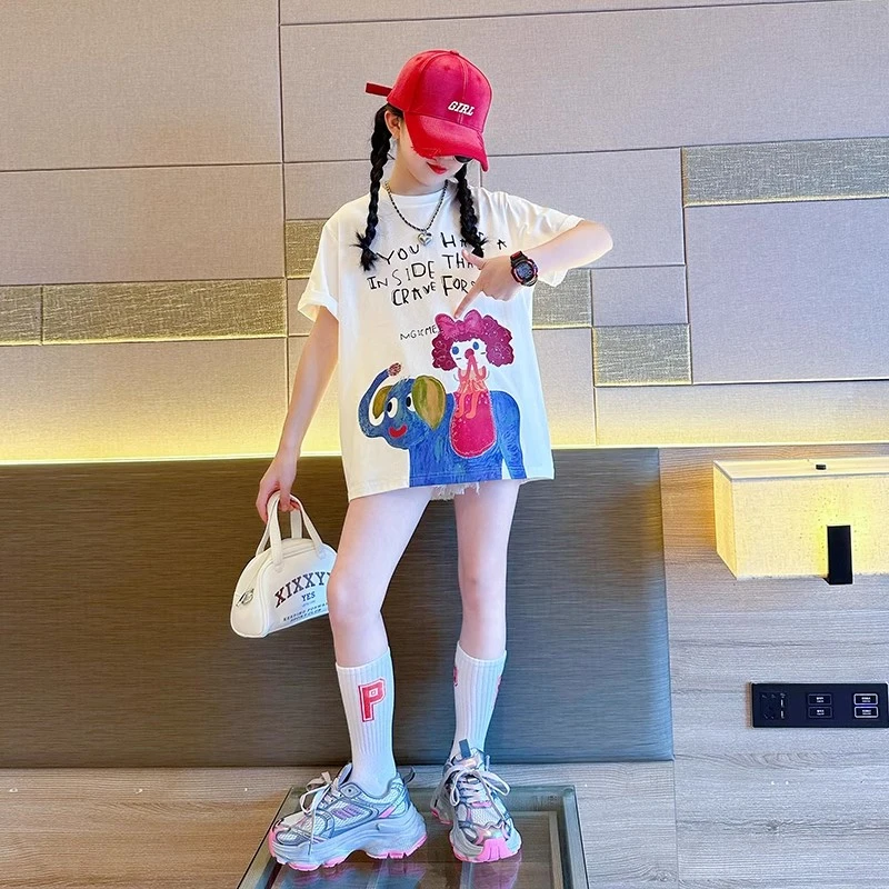 女童短袖t恤2025新款夏季白色体恤卡通洋气童装上衣可爱夏天衣服