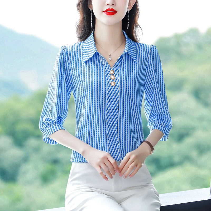 2025春夏季新款洋气女士七分袖条纹衬衫百搭桑蚕丝阔女士气质上衣