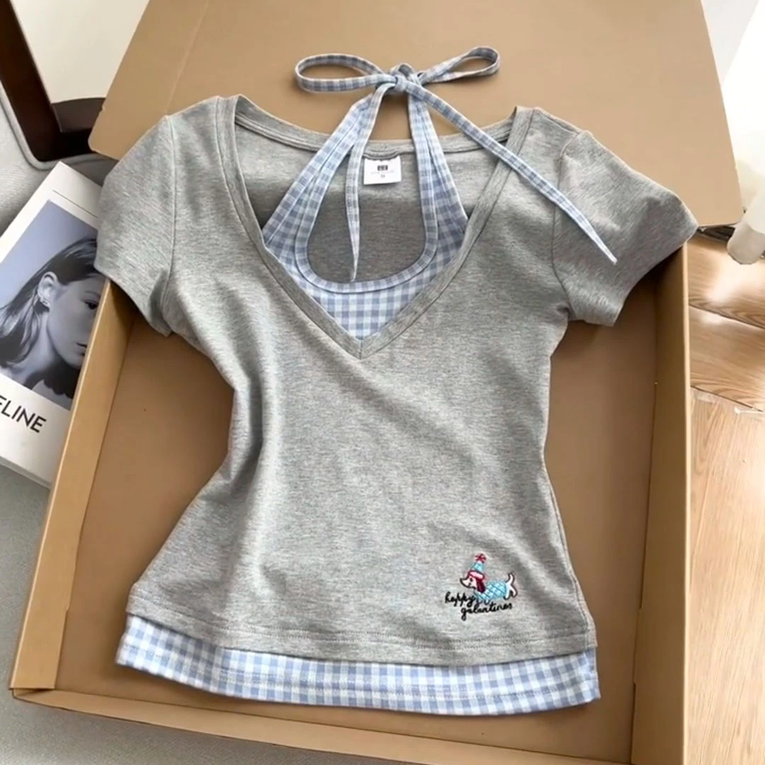 【8737桃】纯欲风辣妹格子拼接短袖T恤小个子设计感挂脖上衣女夏季