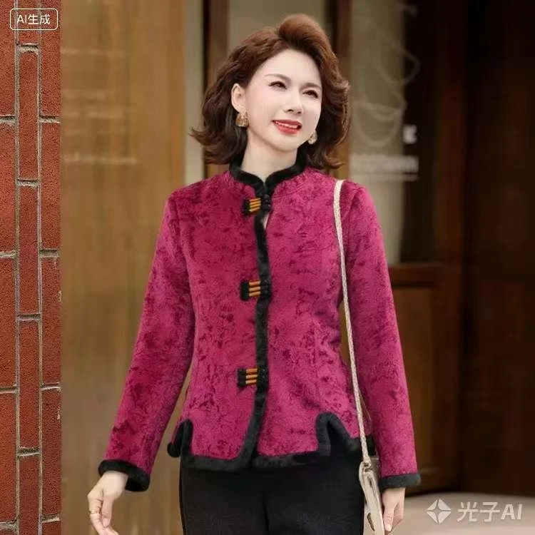 （小曼推荐）3974#秋冬新款新中式复古盘扣立领毛边百搭上衣