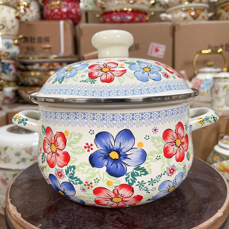 20cm锅千娇珐琅搪瓷锅汤锅双耳猪油罐家用盆子碗带盖奶锅老式