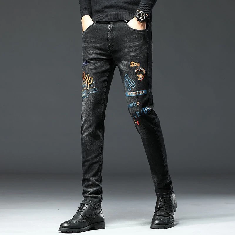 男士秋冬款束脚牛仔裤黑色裤子