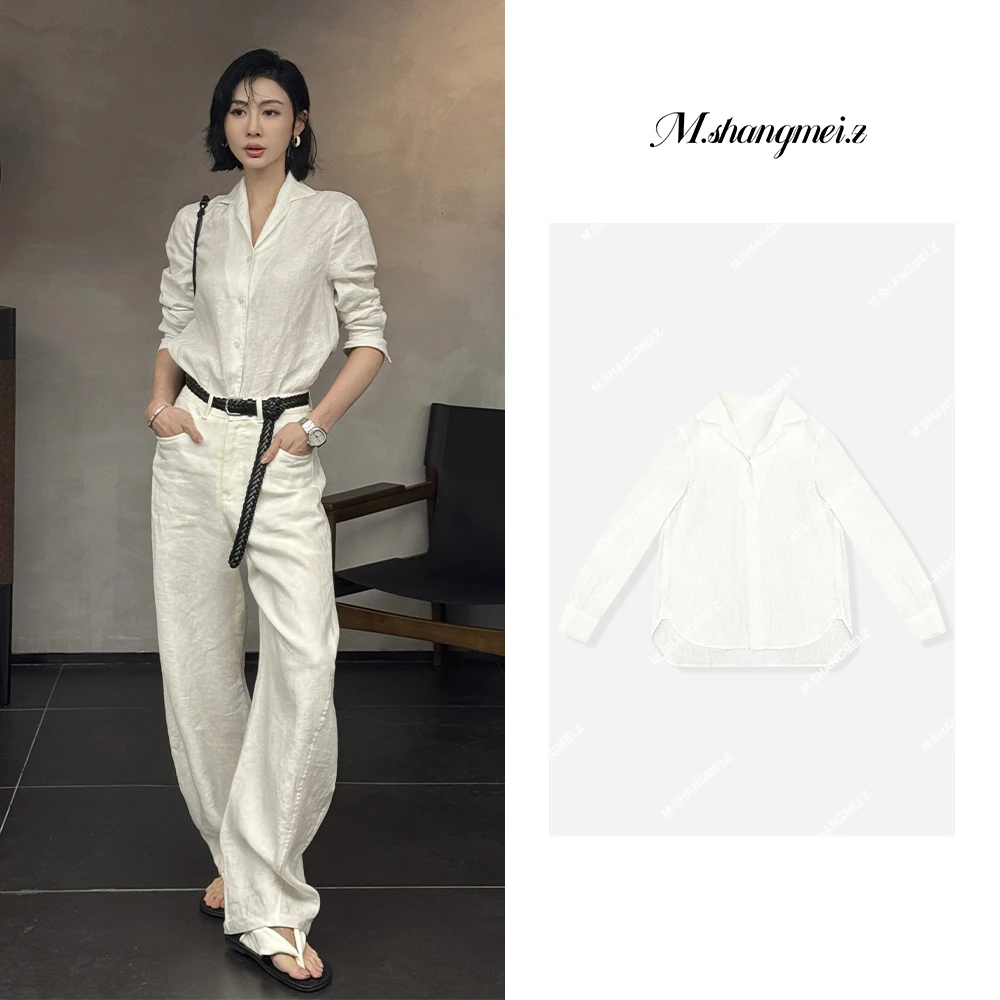 M.SHANGMEI.Z/沐熙【时尚丽人】美大哥干练百搭白色亚麻衬衫X032208