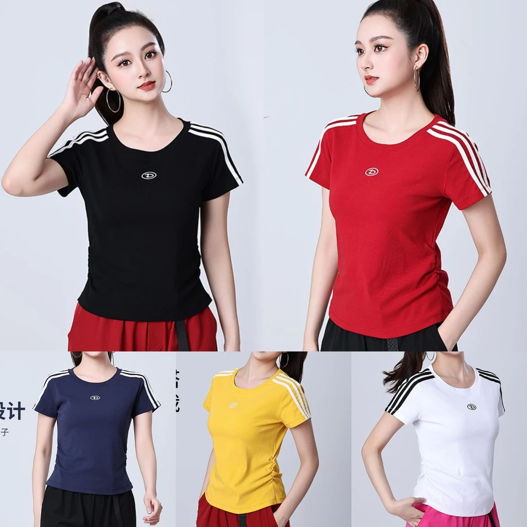 2025夏季新款广场舞服装短袖t恤收腰修身显瘦上衣运动服上衣XH