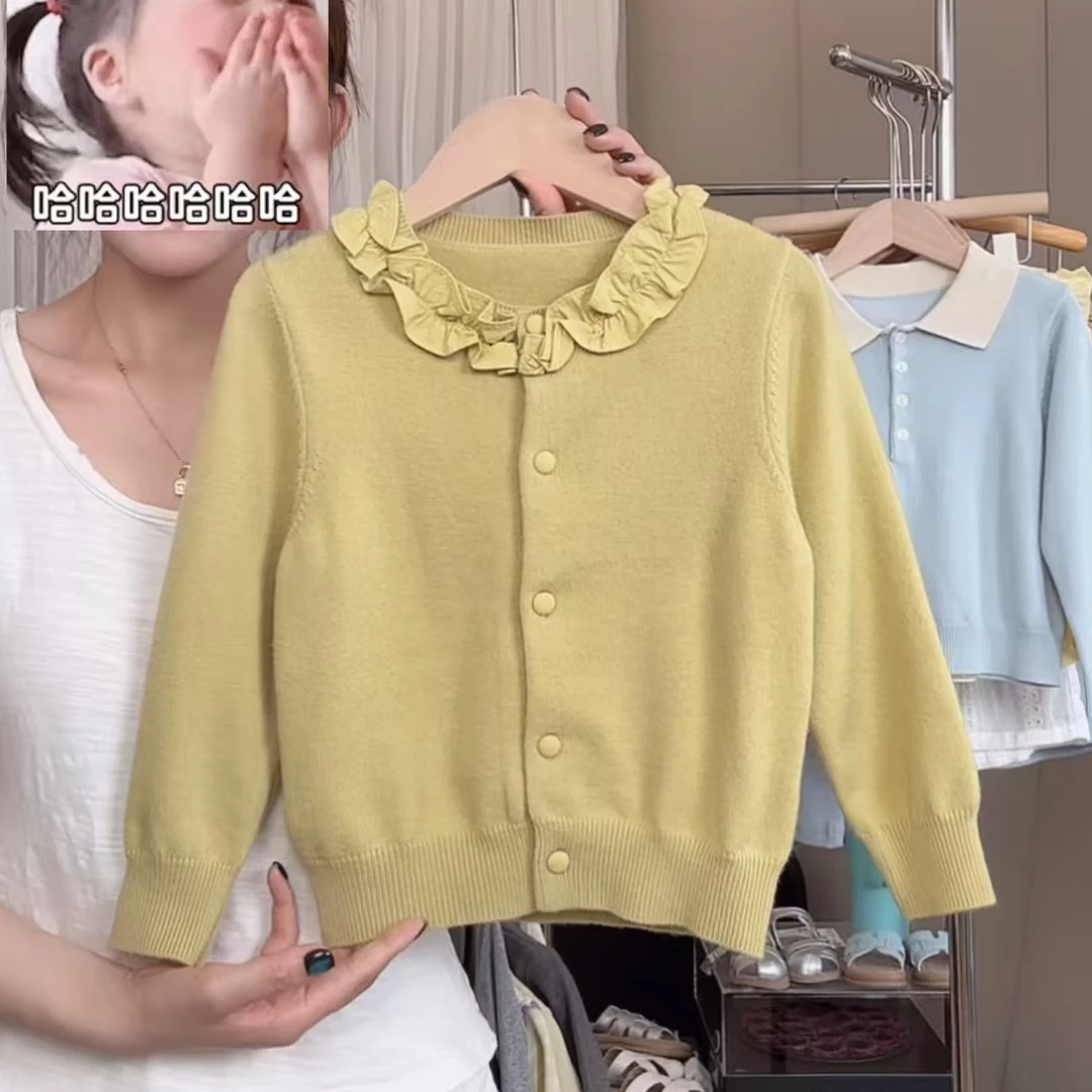 女童秋季新款针织开衫花边领女宝宝洋气休闲百搭毛衣