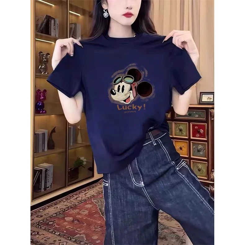 小众设计感正肩纯棉短袖t恤女2025新款时尚百搭藏青色上衣夏季潮