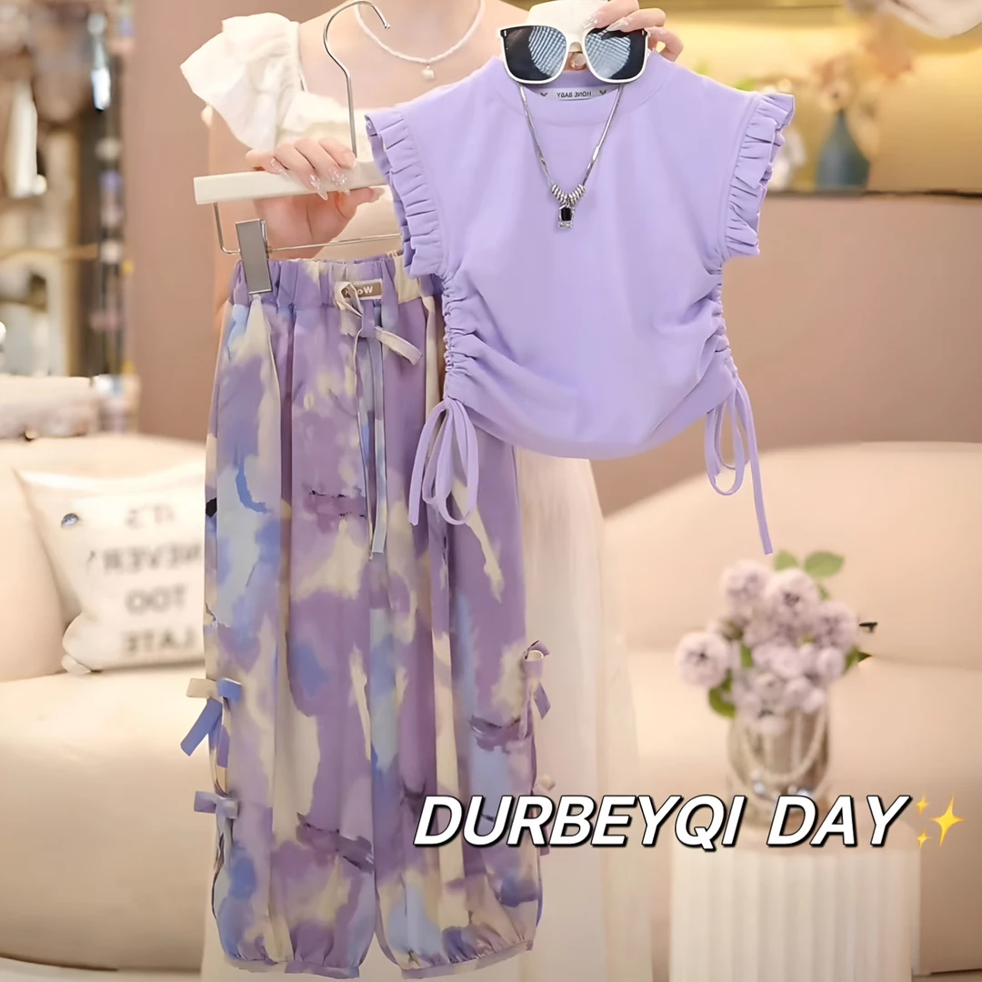 樱桃猫童装女童夏季新款时尚套装纯色无袖背心休童装炸街儿童休闲