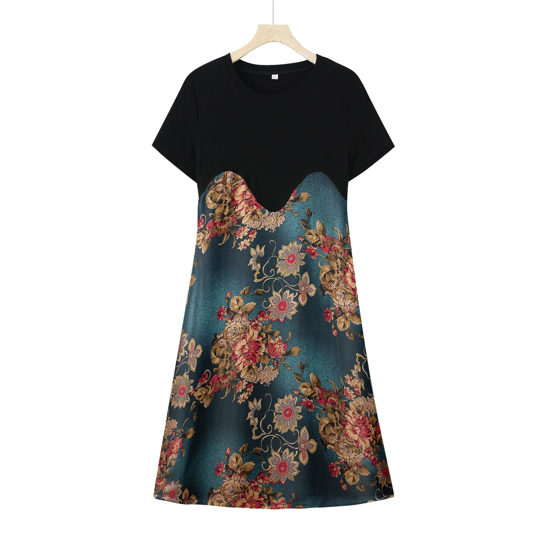 9642-夏季上新女装红色中腰宽松腰印花短袖气质连衣裙女（F仓）