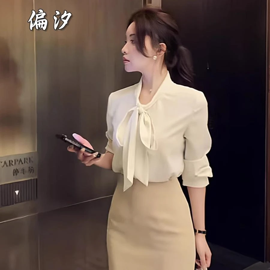 2025气质新款洋气感蝴蝶结飘带领长袖衬衫上衣+白色包臀裙套装女