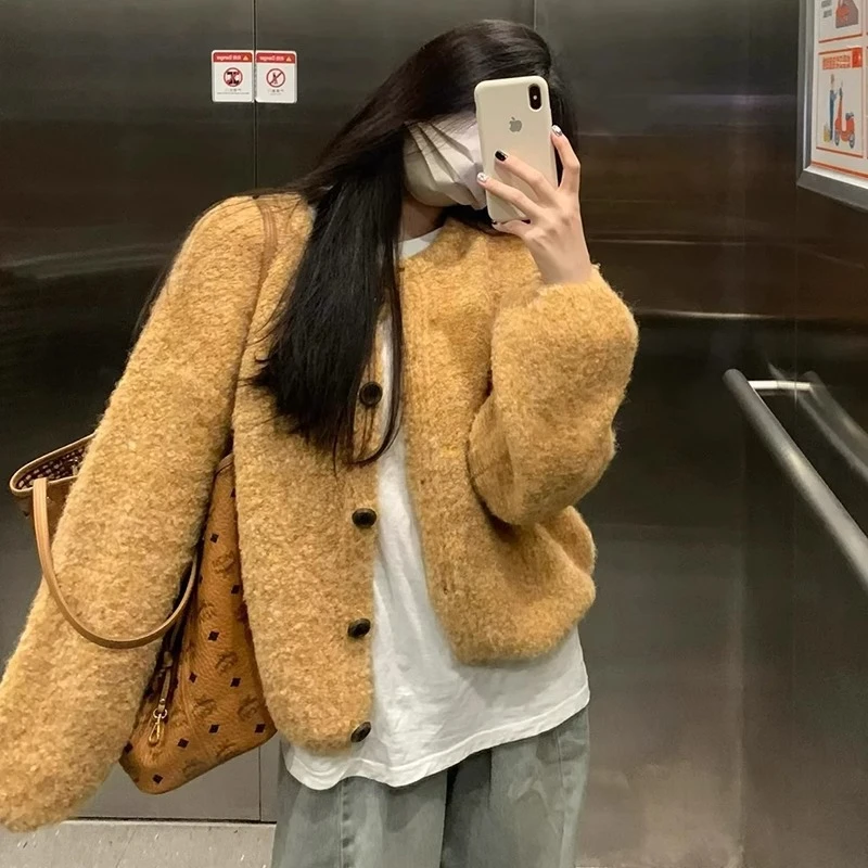 软糯慵懒风黄色针织开衫毛衣女初秋装2025新款小个子短款宽松外套