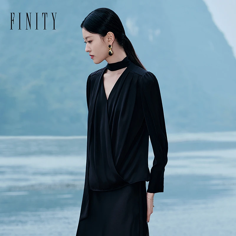 【粉丝专享】FINITY 新款设计感黑色小众名媛气质雪纺衫 F21X1C13T5