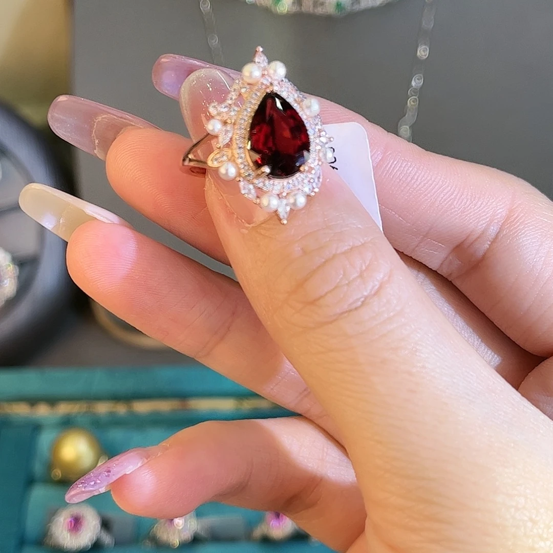 石榴石戒指银S925镶嵌雨**全