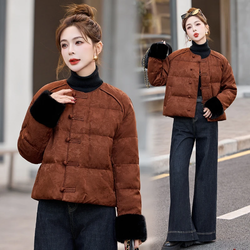 新中式国风提花羽绒服女2025年冬季优雅高级感白鸭绒短款保暖外套