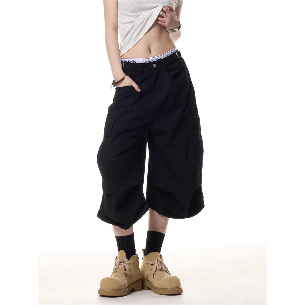 美式复古多口袋黑色工装七分短裤女夏季新款休闲宽松直筒阔腿中裤