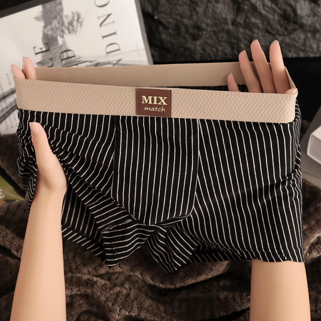新款纯棉男士内裤男生透气条纹平角裤男款短裤男式潮流四角底裤头